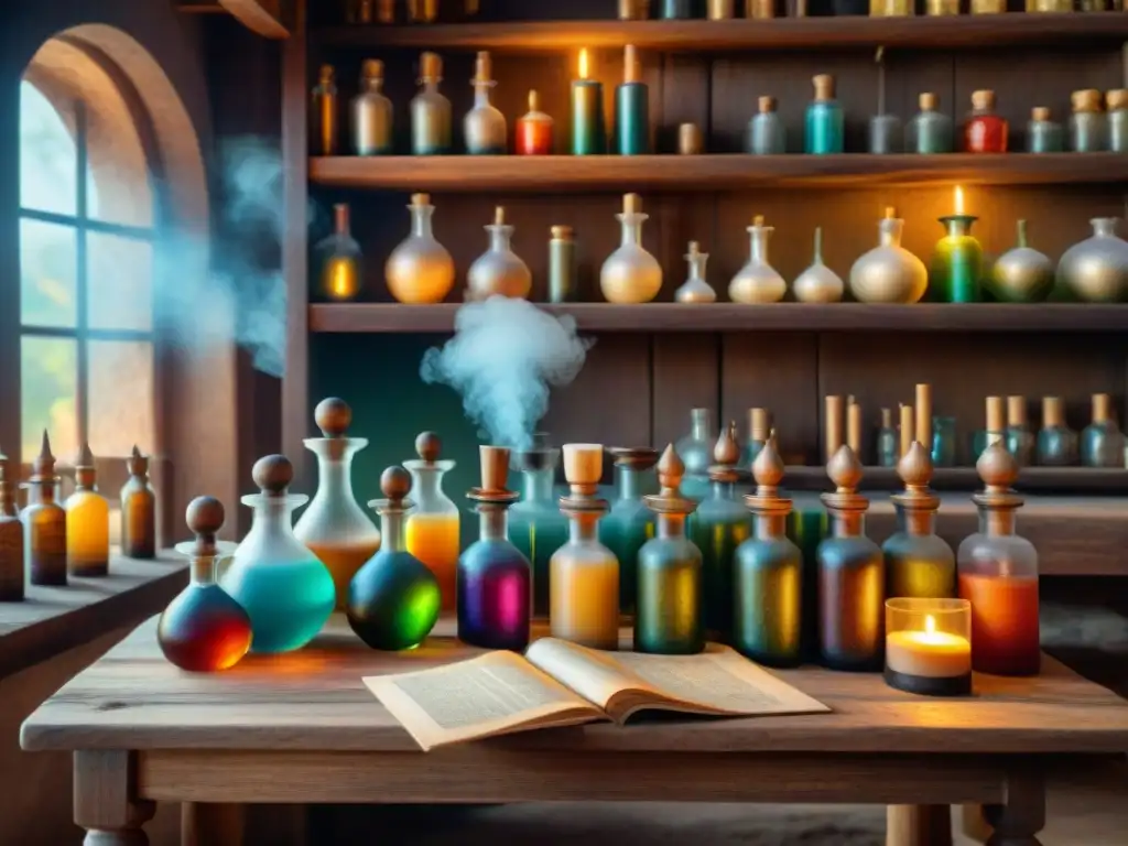 Una misteriosa escena de la antigua laboratorio de alquimista con velas, frascos y pergaminos