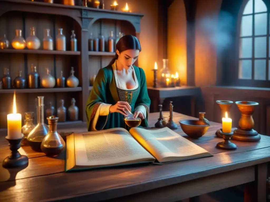 Una misteriosa escena de laboratorio alquímico medieval con mujeres alquimistas en la historia, rodeadas de antiguos libros y pociones burbujeantes