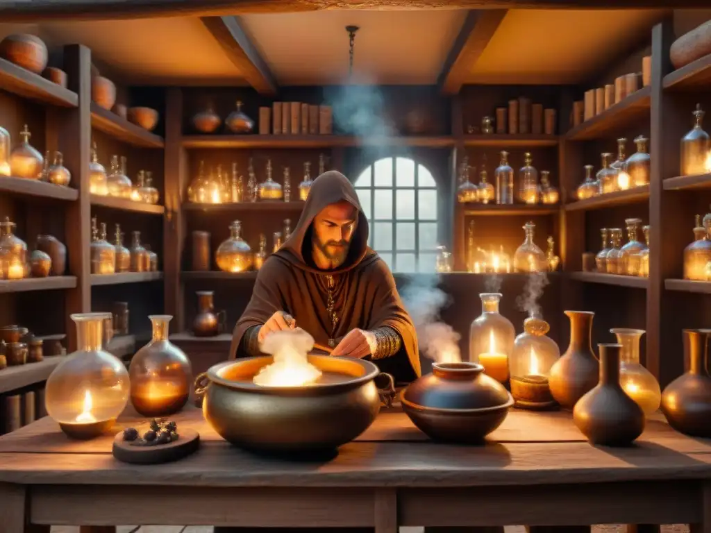 Una misteriosa escena de laboratorio alquímico antiguo, con vidriería, pócimas y símbolos, iluminada por velas