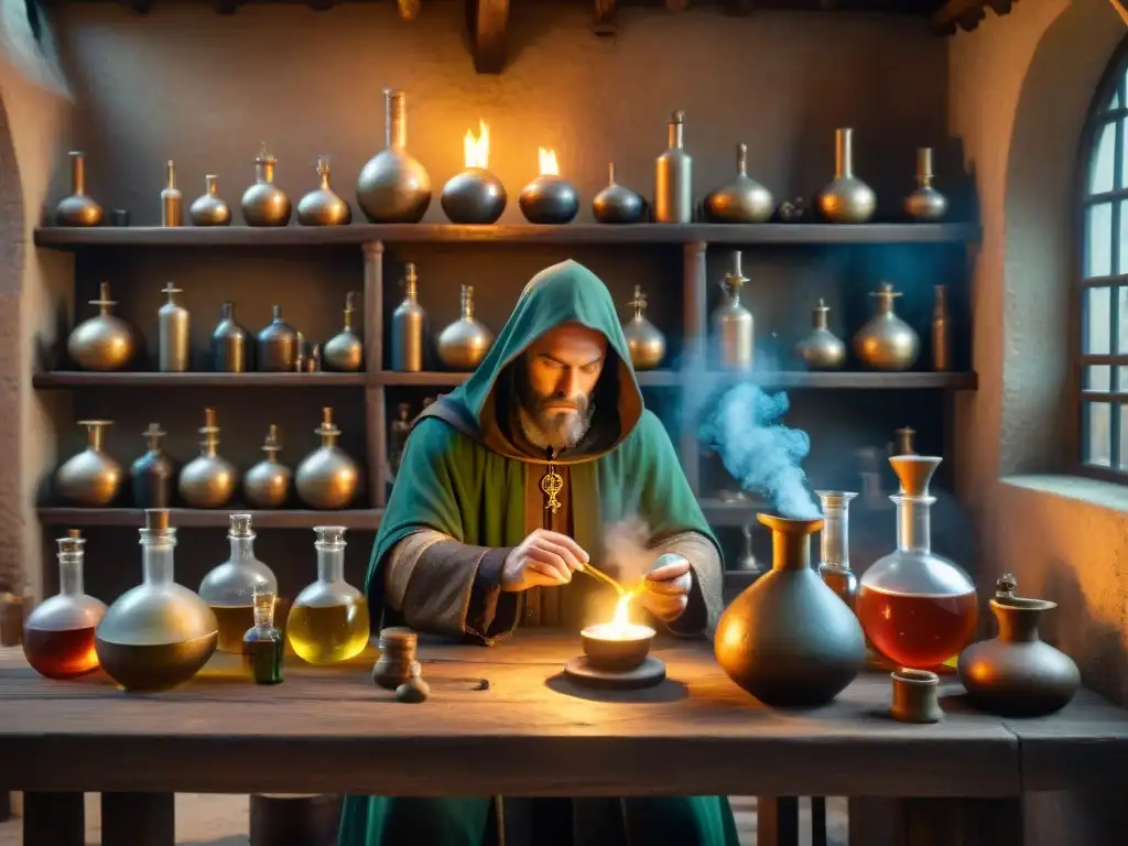 En una misteriosa y fascinante historia de la alquimia medieval, un laboratorio con frascos burbujeantes, símbolos misteriosos y equipo elaborado