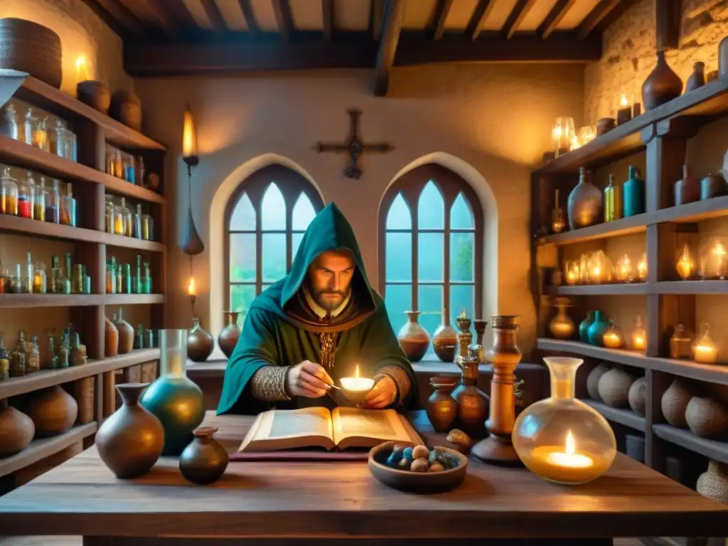 En la misteriosa historia de la alquimia medieval, un alquimista mezcla ingredientes en su taller iluminado por velas