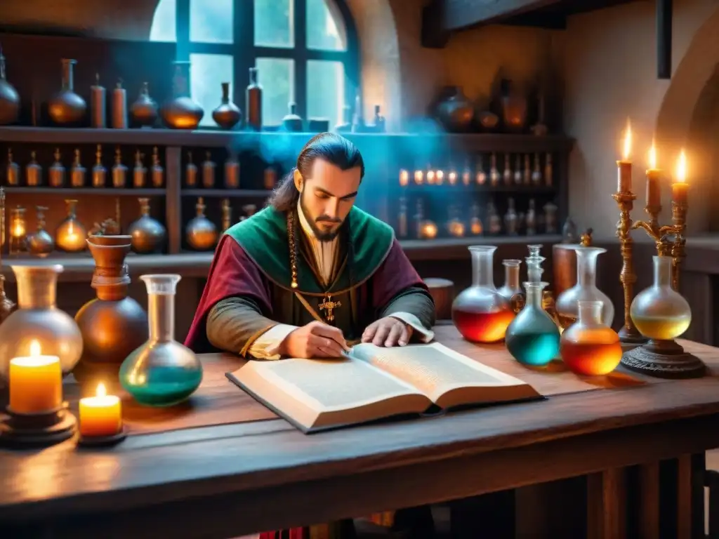 Una misteriosa alquimista medieval trabaja en su laboratorio, rodeada de vidrieras y manuscritos antiguos, bajo la luz de las velas