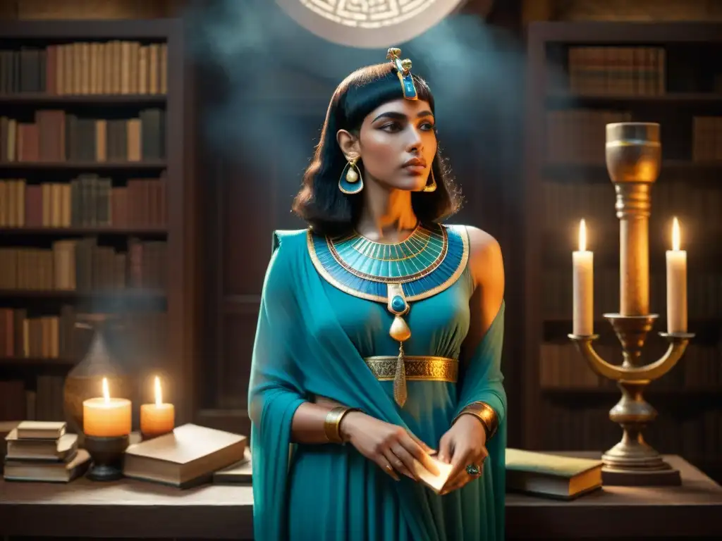 Una misteriosa alquimista, Cleopatra, sostiene la piedra filosofal en un antiguo laboratorio lleno de herramientas y libros