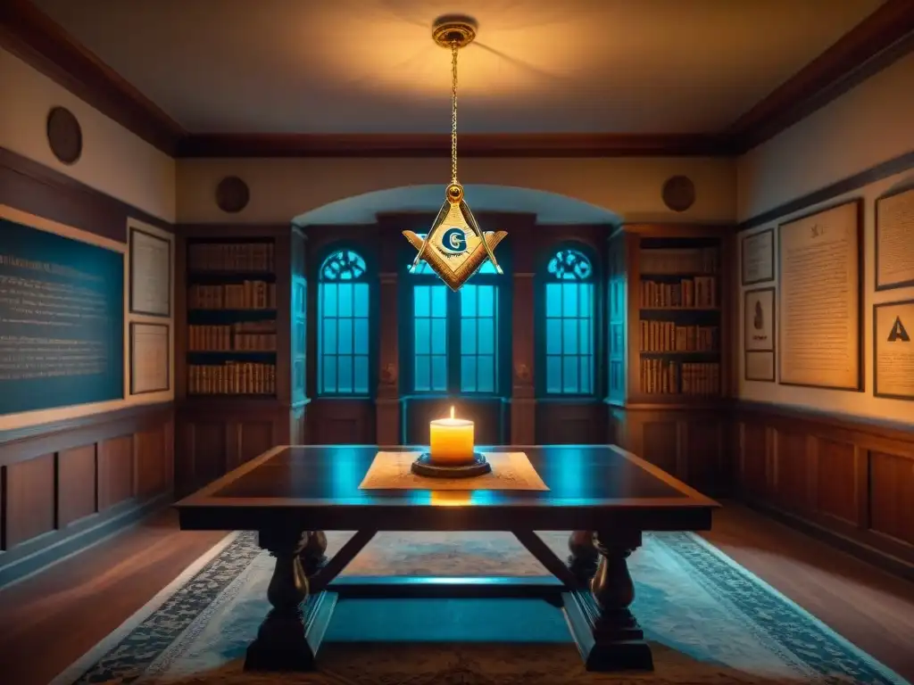 Misteriosa sala de logia masónica con símbolos alquímicos y antiguo papel de la Alquimia en Masonería