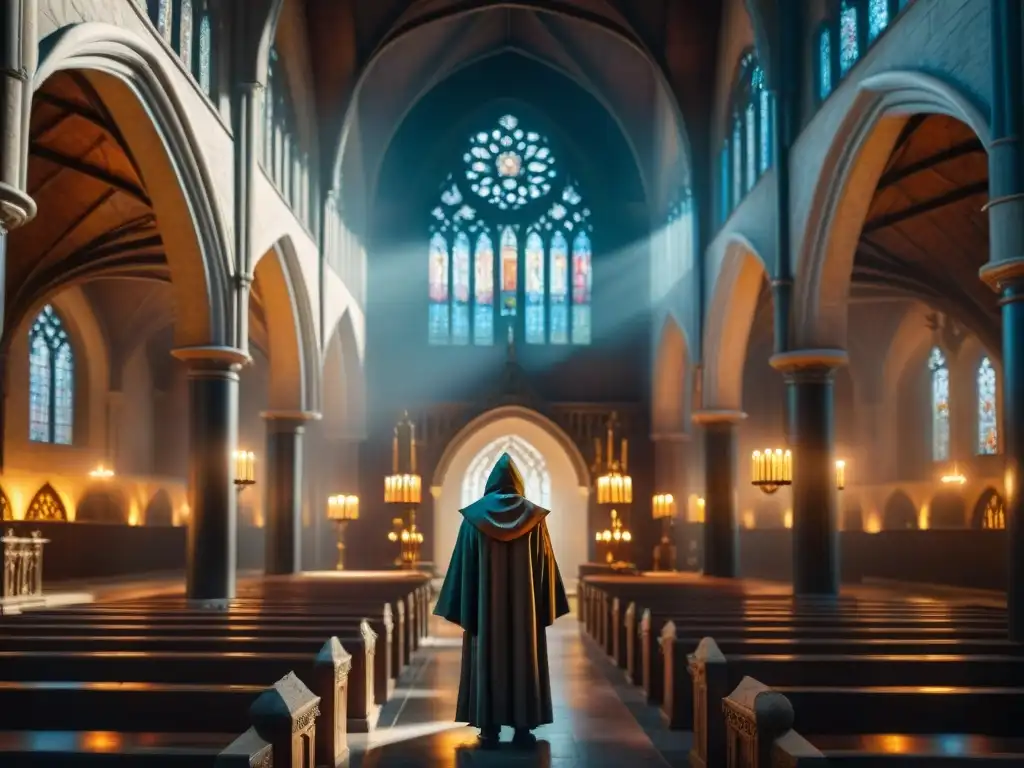 Un misterioso alquimista en una catedral medieval iluminada por vitrales, reflejando la historia de la alquimia y su relación con la Iglesia