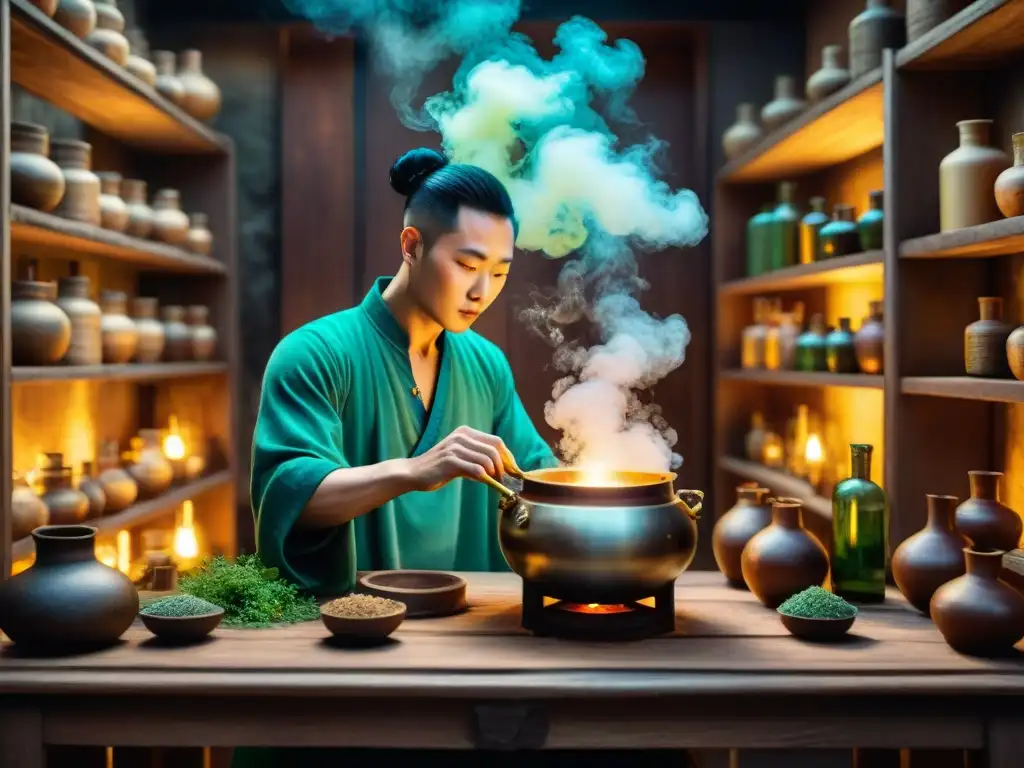 Un misterioso alquimista chino preparando recetas alquímicas elixires en su laboratorio antiguo