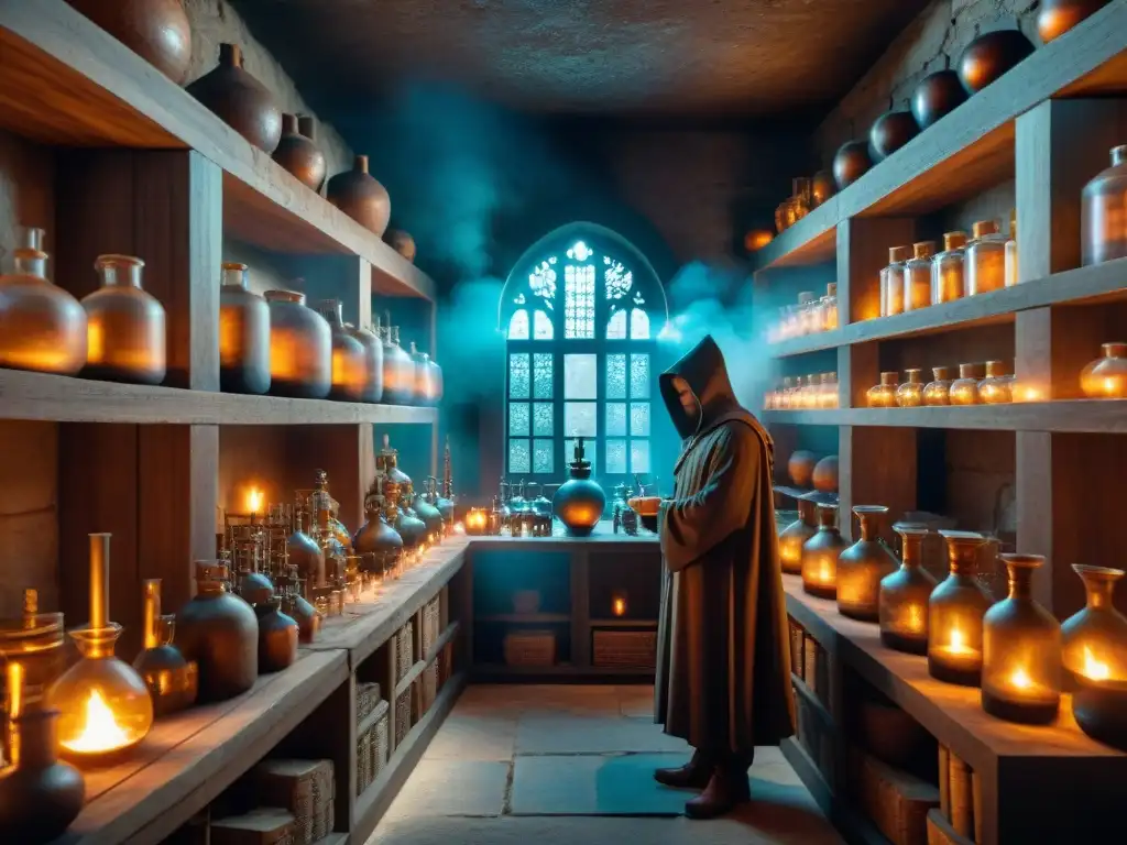 Un misterioso alquimista trabaja en un laboratorio antiguo lleno de instrumentos y símbolos, resaltando el Papel de la Alquimia en Masonería
