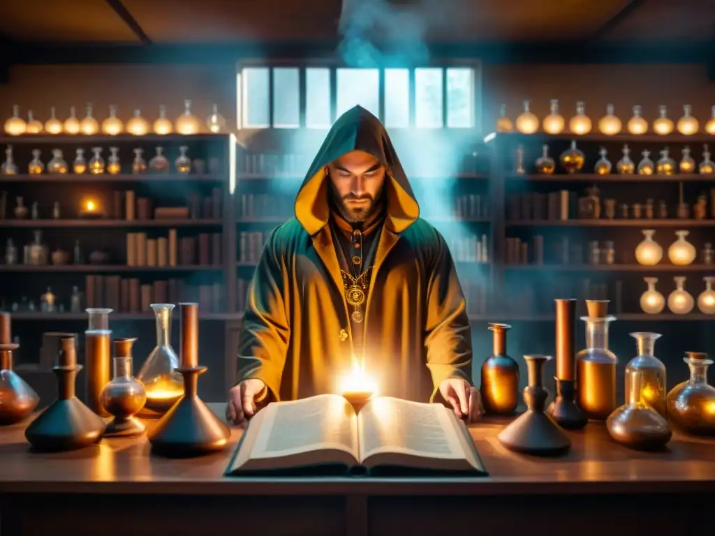 Un misterioso alquimista en su laboratorio iluminado por velas, rodeado de libros antiguos y símbolos místicos