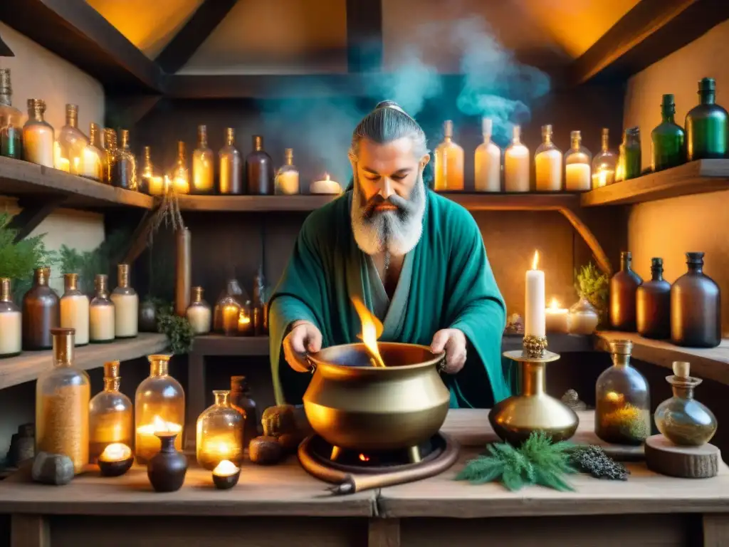 Un misterioso alquimista medieval mezcla ingredientes en su taller con tratados alquímicos medicina medieval