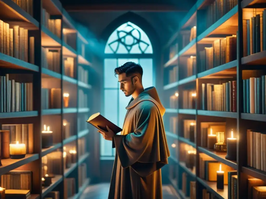 En el misterioso escenario de una antigua biblioteca alquímica, se percibe siglos de sabiduría en arte literatura