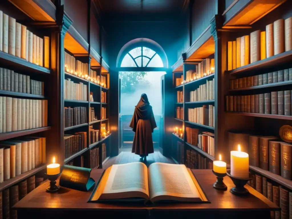 Un misterioso escenario en una biblioteca con literatura alquímica, textos sagrados y símbolos, iluminados por velas