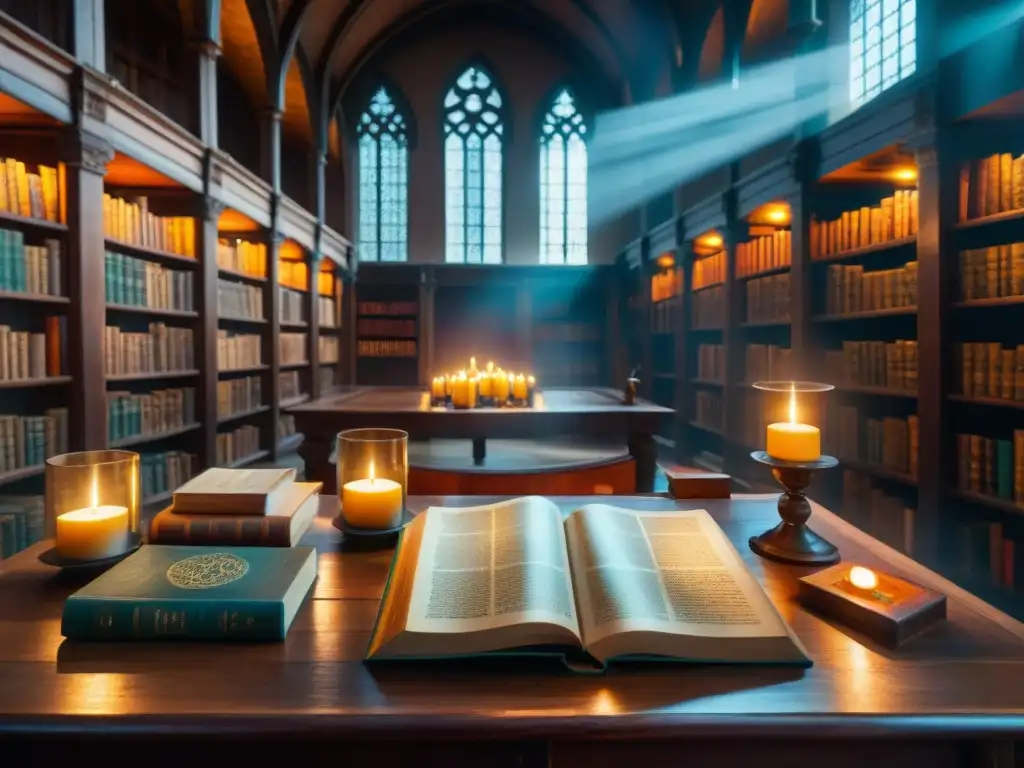 Un misterioso escenario en una biblioteca medieval europea llena de libros alquímicos