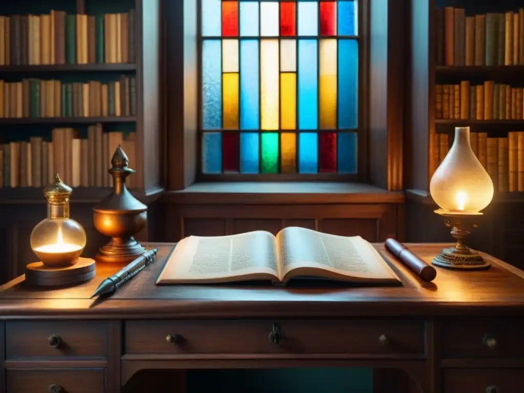 Estudio alquímico del siglo XIX: misterio y penumbra Un misterioso estudio del siglo XIX lleno de libros polvorientos, herramientas alquímicas y pergaminos
