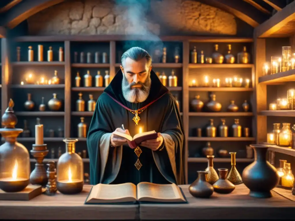 Alquimista ancestral en laboratorio místico Un misterioso laboratorio de alquimia con un alquimista vertiendo líquido en un frasco, rodeado de pociones burbujeantes y símbolos antiguos