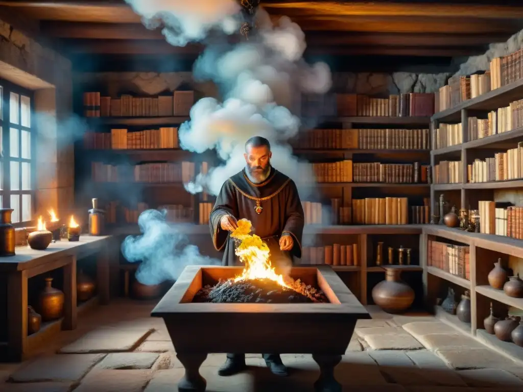 Alquimia medieval: misterio y sabiduría ancestral en un laboratorio Un misterioso laboratorio de alquimia medieval con libros antiguos, símbolos místicos y pociones burbujeantes
