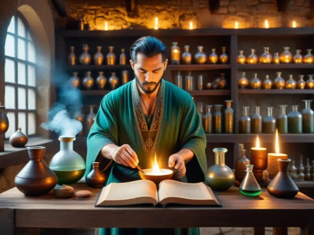 Un misterioso laboratorio de alquimia medieval iluminado por velas, lleno de libros antiguos, pociones y un alquimista mezclando ingredientes