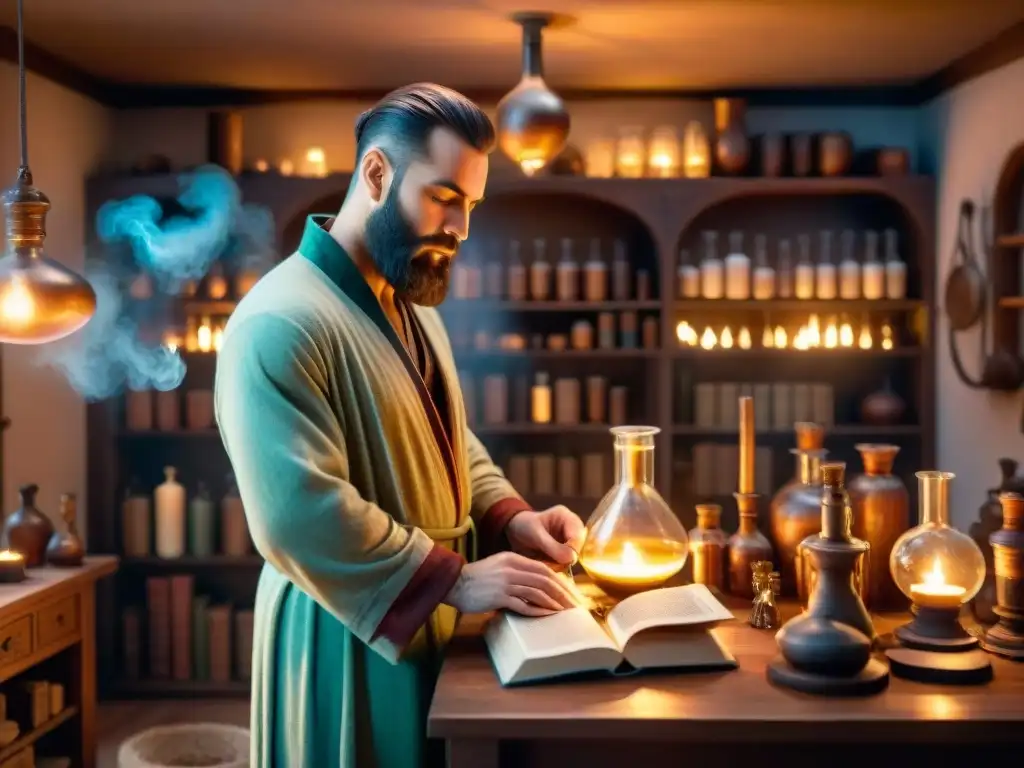 Un misterioso laboratorio alquímico con un alquimista barbudo mezclando ingredientes en un frasco de vidrio, iluminado por velas