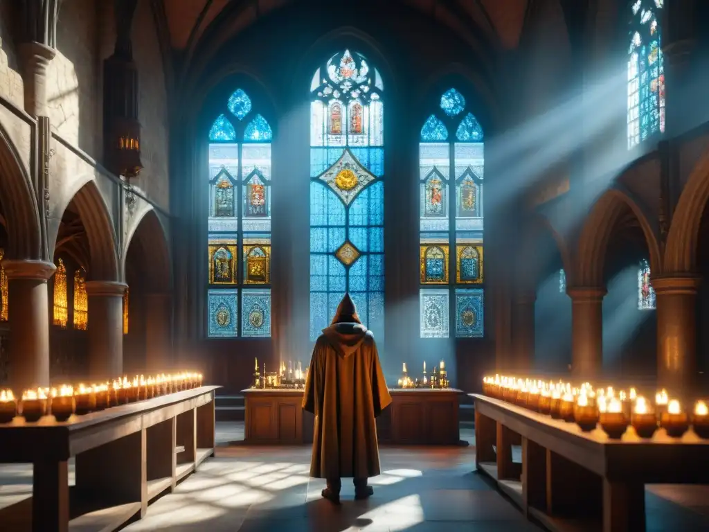 Un misterioso laboratorio alquímico en una antigua iglesia, con libros, pociones y símbolos religiosos