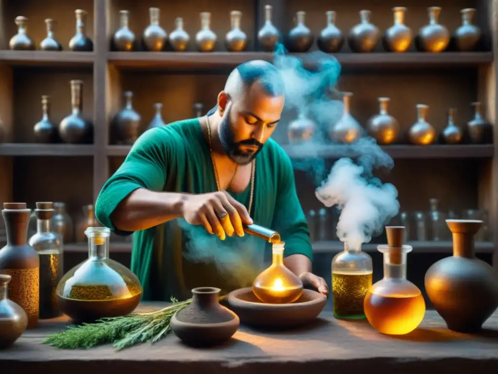 Antigua alquimia: misterios y descubrimientos Un misterioso laboratorio alquímico antiguo con figuras en sombras y símbolos en las paredes de piedra