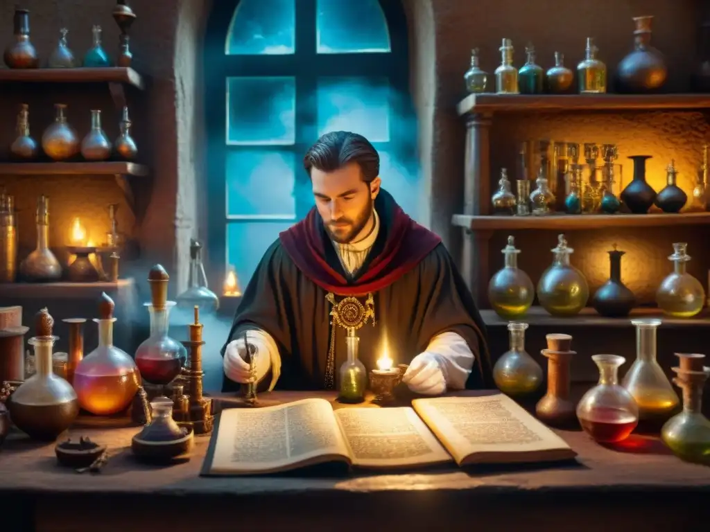 Laboratorio alquímico misterioso y sombrío con figura enigmática Un misterioso laboratorio alquímico antiguo con prácticas secretas y un enigmático alquimista trabajando en ingredientes y textos antiguos