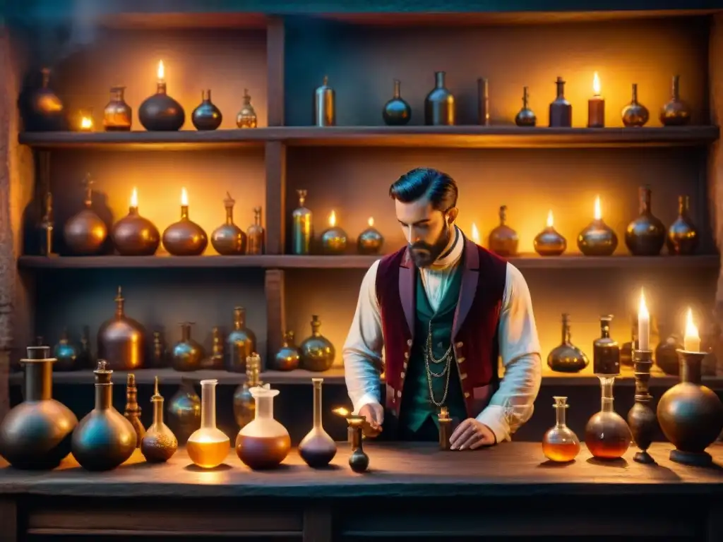 En el misterioso laboratorio alquímico, elixir de vida eterna cobra vida entre velas y símbolos antiguos