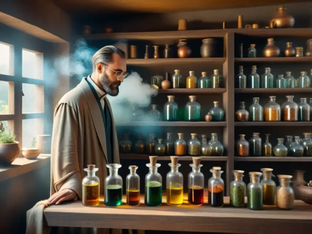 Un misterioso laboratorio alquímico con herramientas antiguas, ingredientes y un alquimista mezclando hierbas y líquidos en un frasco de vidrio