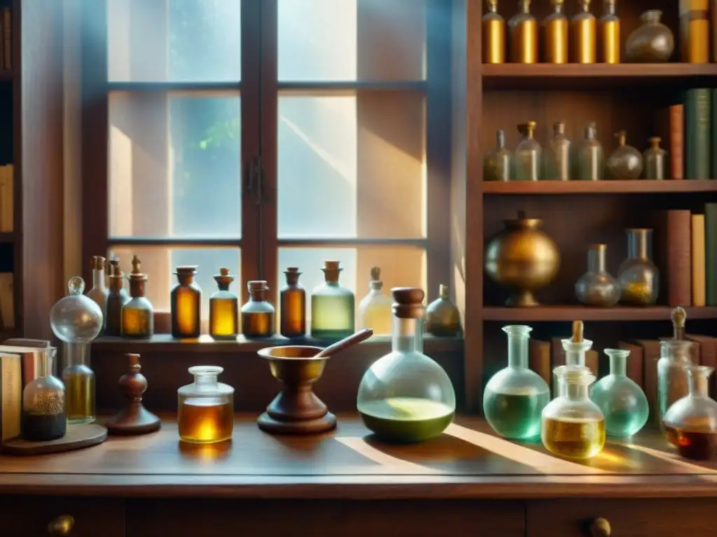 Alquimia en la penumbra: laboratorio vintage Un misterioso laboratorio alquímico seguro, con vidriería vintage y libros antiguos, iluminado por una tenue luz