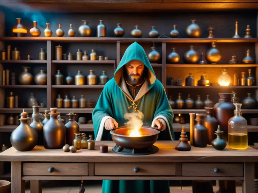 Alquimia ancestral: laboratorio misterioso En un misterioso laboratorio alquimista, un alquimista trabaja en sus prácticas secretas rodeado de herramientas y símbolos misteriosos