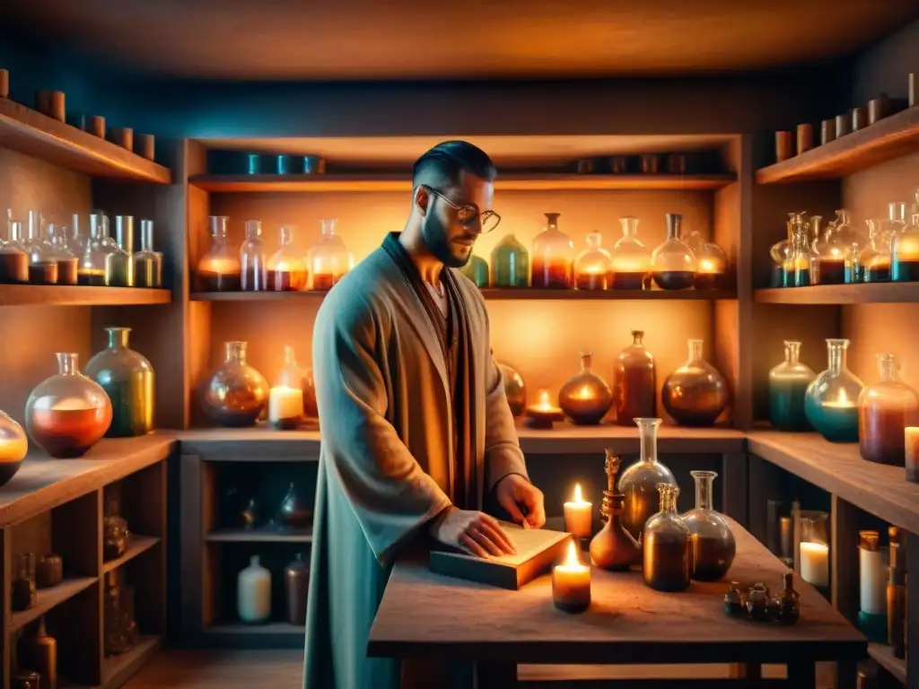 Antiguo laboratorio de alquimia: misterio y sabiduría ancestral En el misterioso laboratorio de un alquimista antiguo, se destila la sabiduría alquímica para el futuro de la medicina