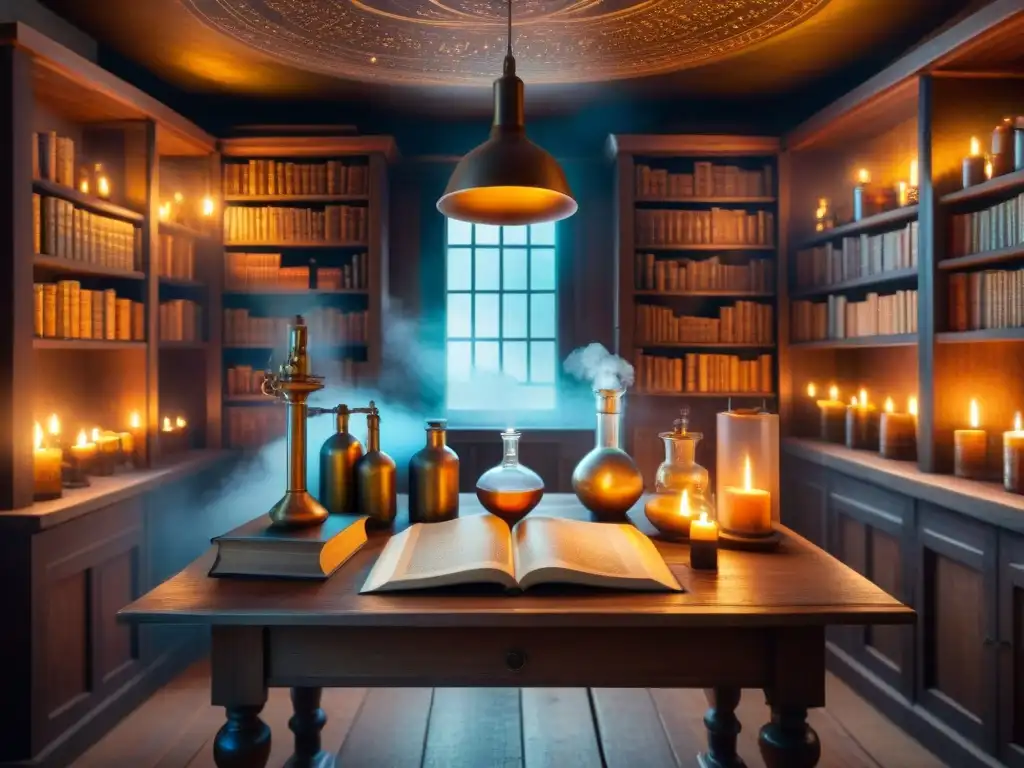 Laboratorio alquímico misterioso con pociones y símbolos antiguos En el misterioso laboratorio del alquimista, libros antiguos, pociones burbujeantes y símbolos alquímicos se mezclan bajo la suave luz de las velas