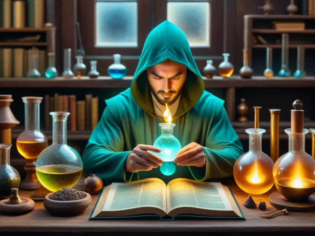 Laboratorio alquímico místico: el poder de la transformación En el misterioso laboratorio de un alquimista, un encapuchado cuida un caldero brillante rodeado de ingredientes y símbolos alquímicos antiguos