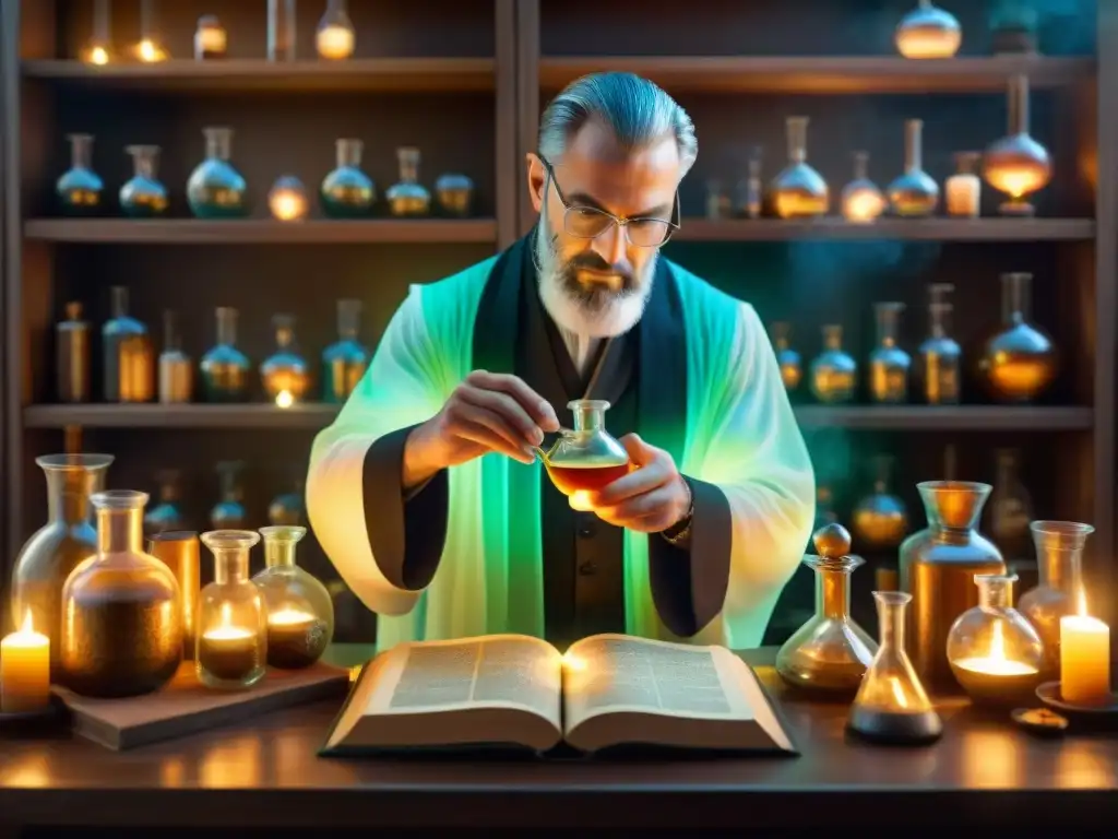 Alquimia mística: laboratorio del alquimista En el misterioso laboratorio del alquimista, la historia se transforma en arte a través de la transmutación