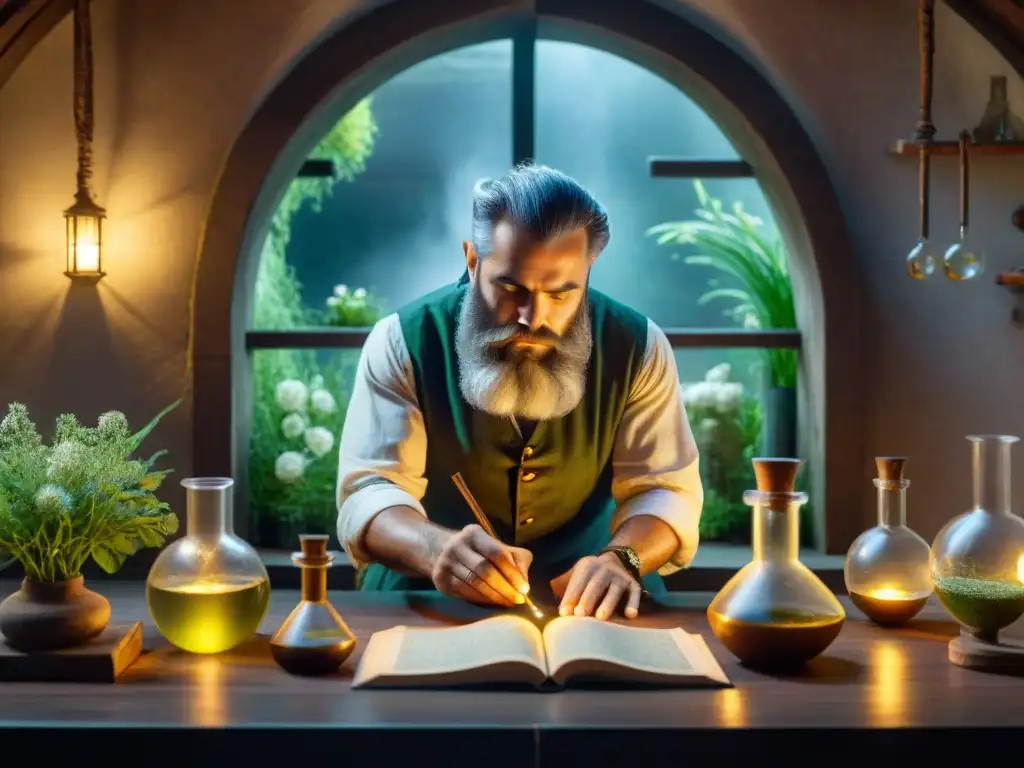 Misterioso alquimista en su laboratorio bajo la luz de la luna En un misterioso laboratorio, un alquimista barbudo vierte líquido brillante entre frascos, rodeado de símbolos antiguos