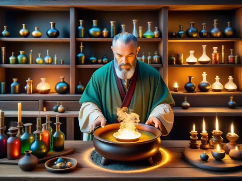 En el misterioso laboratorio de un alquimista medieval, se mezclan ingredientes bajo la luz de las velas, evocando la historia de la alquimia moderna