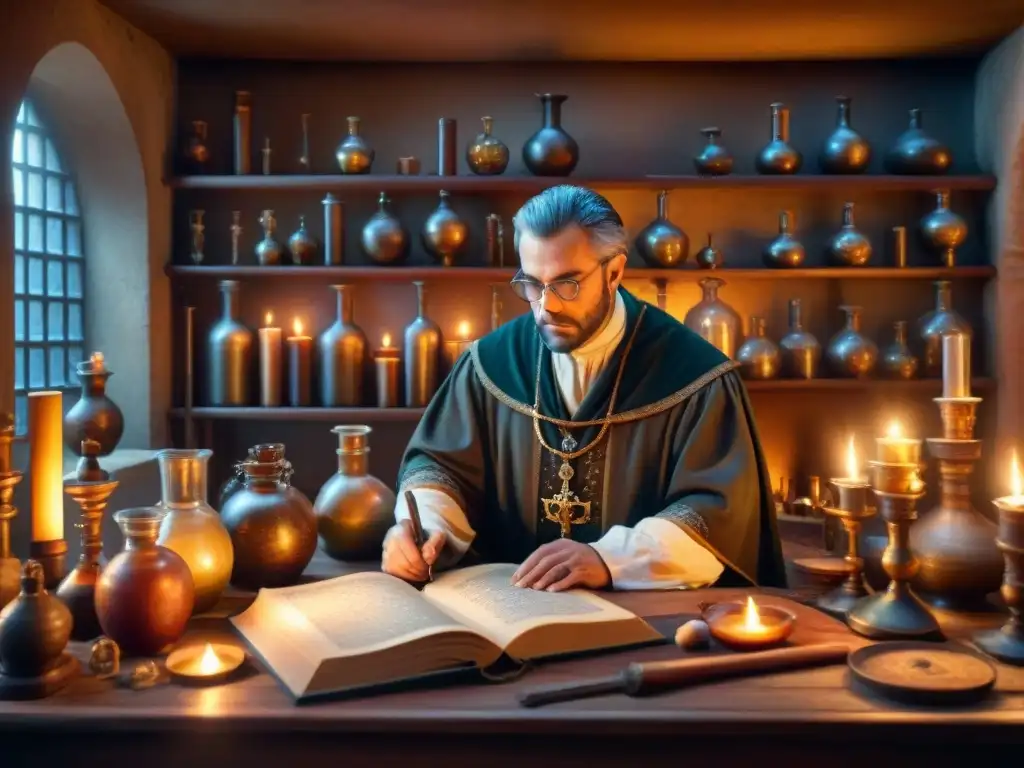 En el misterioso laboratorio de un alquimista medieval, repleto de cristalería, libros antiguos y símbolos en sepia, iluminado por velas