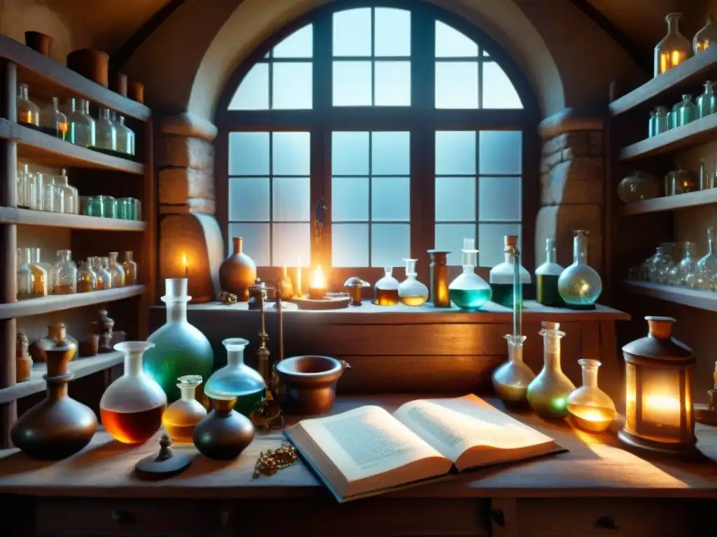 Alquimia medieval: laboratorio misterioso y mágico En el misterioso laboratorio de un alquimista medieval, repleto de instrumentos antiguos y símbolos, el sabio realiza sus experimentos