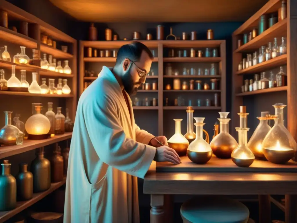 Laboratorio alquímico: sabiduría ancestral y curiosidad científica En el misterioso laboratorio del antiguo alquimista, se revelan los orígenes y evolución de la alquimia