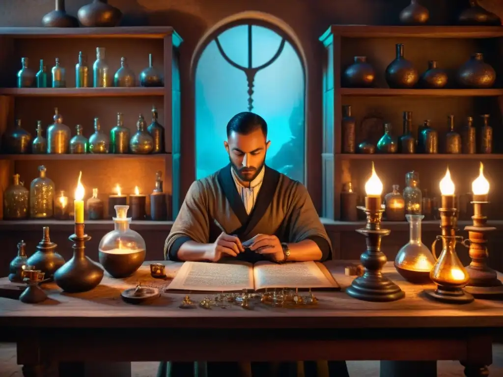 Alquimia ancestral: laboratorio misterioso con pócimas y símbolos En el misterioso laboratorio de un antiguo alquimista, con velas, pociones burbujeantes y libros polvorientos