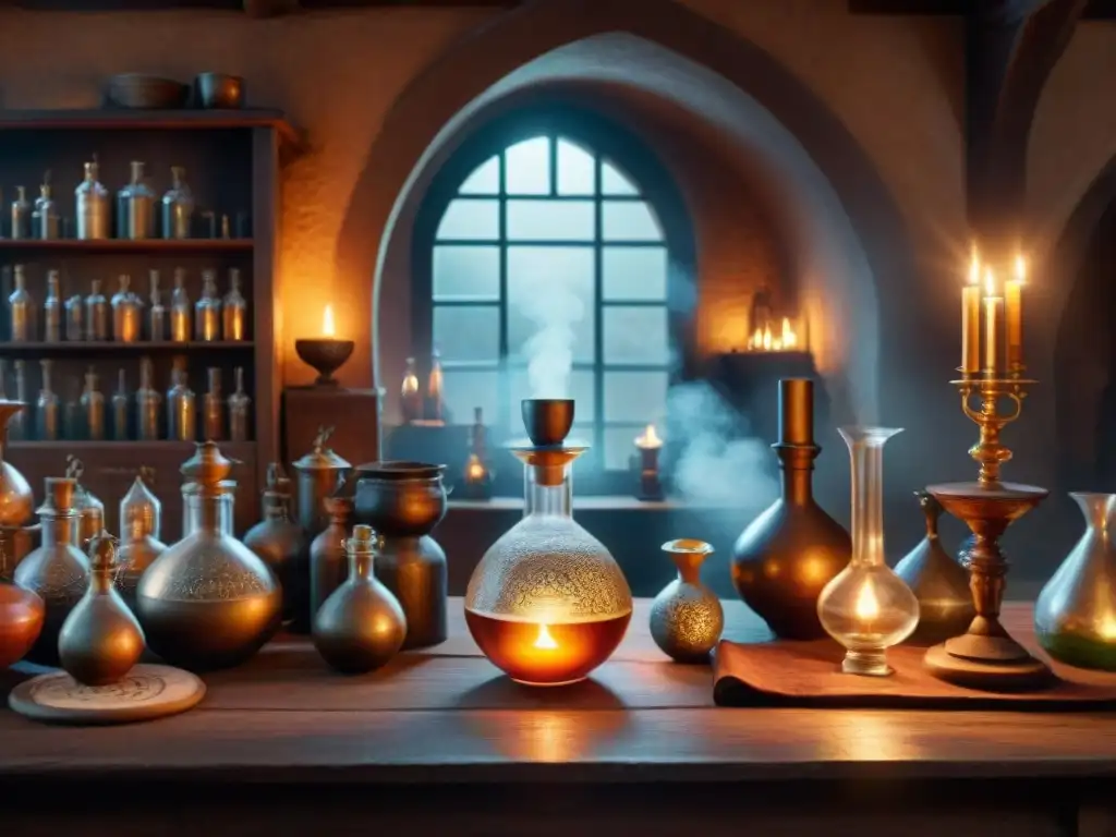 Misterioso laboratorio de alquimista medieval con símbolos y velas