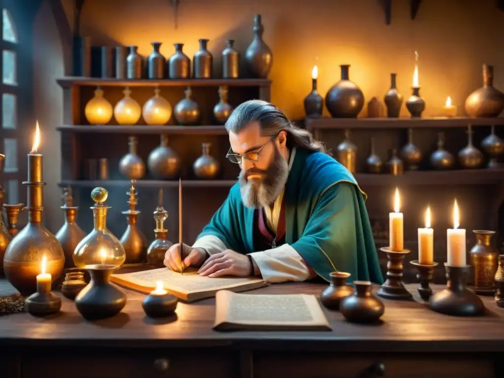 Alquimista medieval en su taller: misterio y magia Inmersión en el misterioso origen y evolución de la alquimia en un taller medieval de un alquimista