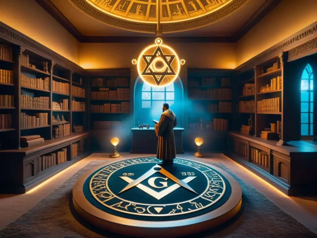 Misterioso ritual en la logia masónica con símbolos alquímicos y figuras encapuchadas