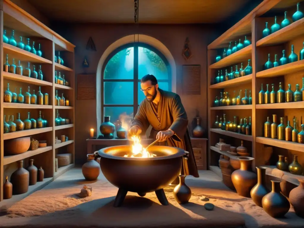 En el misterioso taller de alquimia antigua, Hermes Trismegistus fusiona elementos en un caldero, rodeado de símbolos y libros antiguos