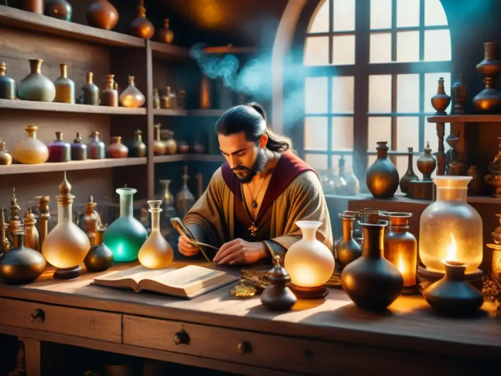 Un misterioso taller de alquimia con figuras icónicas, pociones burbujeantes y herramientas ornamentadas en sepia