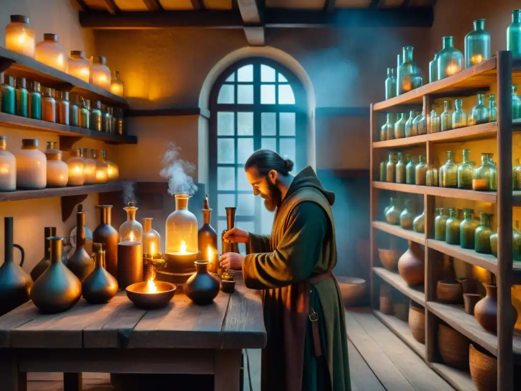 Un misterioso taller alquímico medieval iluminado por velas, lleno de pociones, ingredientes y símbolos