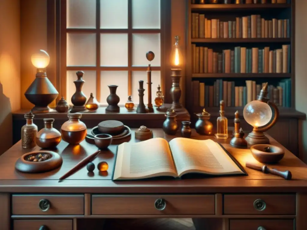 Un misterioso taller de alquimista con herramientas antiguas, libros de cuero y símbolos místicos