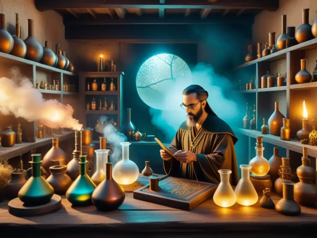 Alquimia ancestral: taller misterioso de un alquimista En el misterioso taller del alquimista, se fusionan magia y curiosidad científica