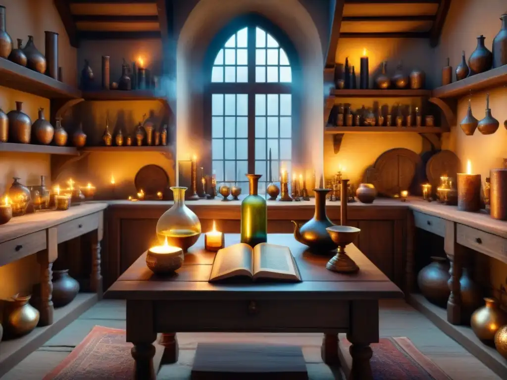 En el misterioso taller de un alquimista medieval, con libros antiguos, pociones burbujeantes y símbolos místicos en las paredes