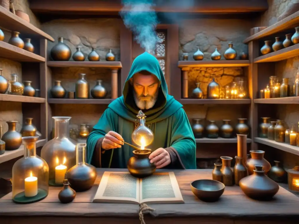 En el misterioso taller de un alquimista medieval, iluminado por velas, se mezclan ingredientes para la Historia de la alquimia moderna