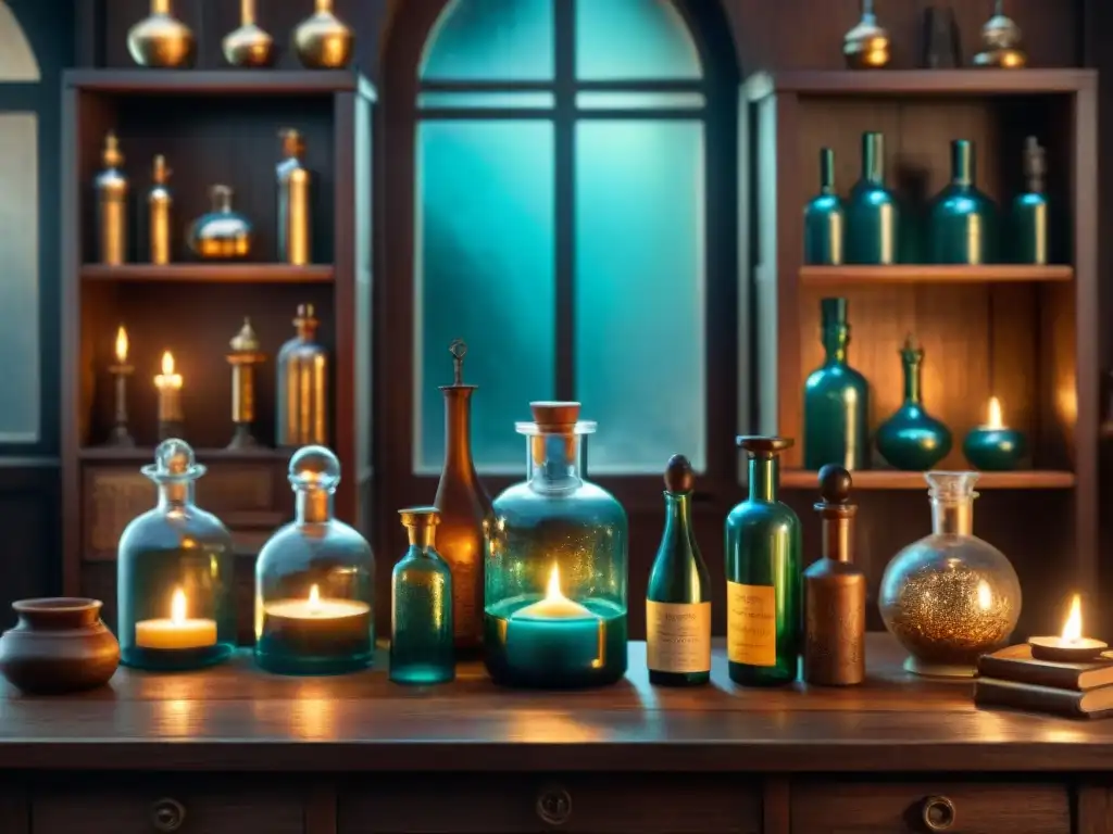 Un misterioso taller de alquimista con libros antiguos, velas encendidas y símbolos místicos, invita a la destilación personal mediante la alquimia