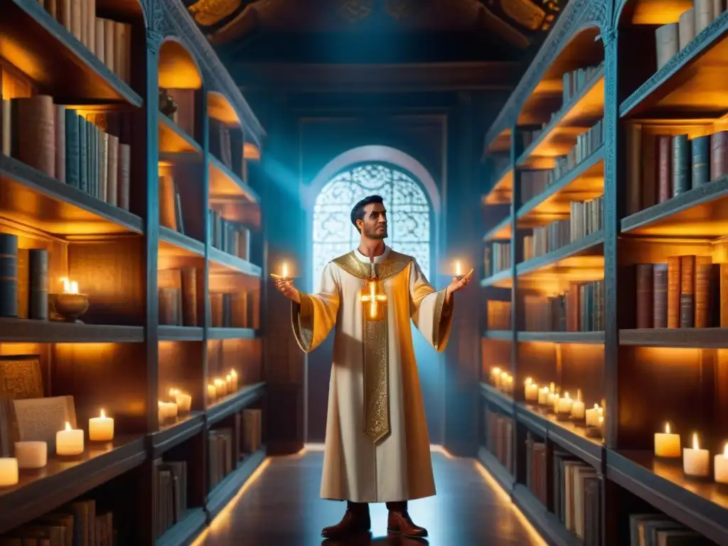 En la mística biblioteca antigua, Hermes Trismegisto sostiene una llave dorada, rodeado de libros alquímicos